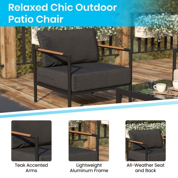 Metal Frame Patio Chair with Teak Arm Accents and Plush Cushions