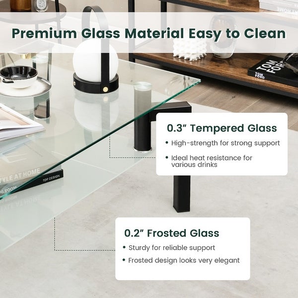 Gymax Glass Coffee Table 2-Tier Tempered Accent Table w/ Metal Tube