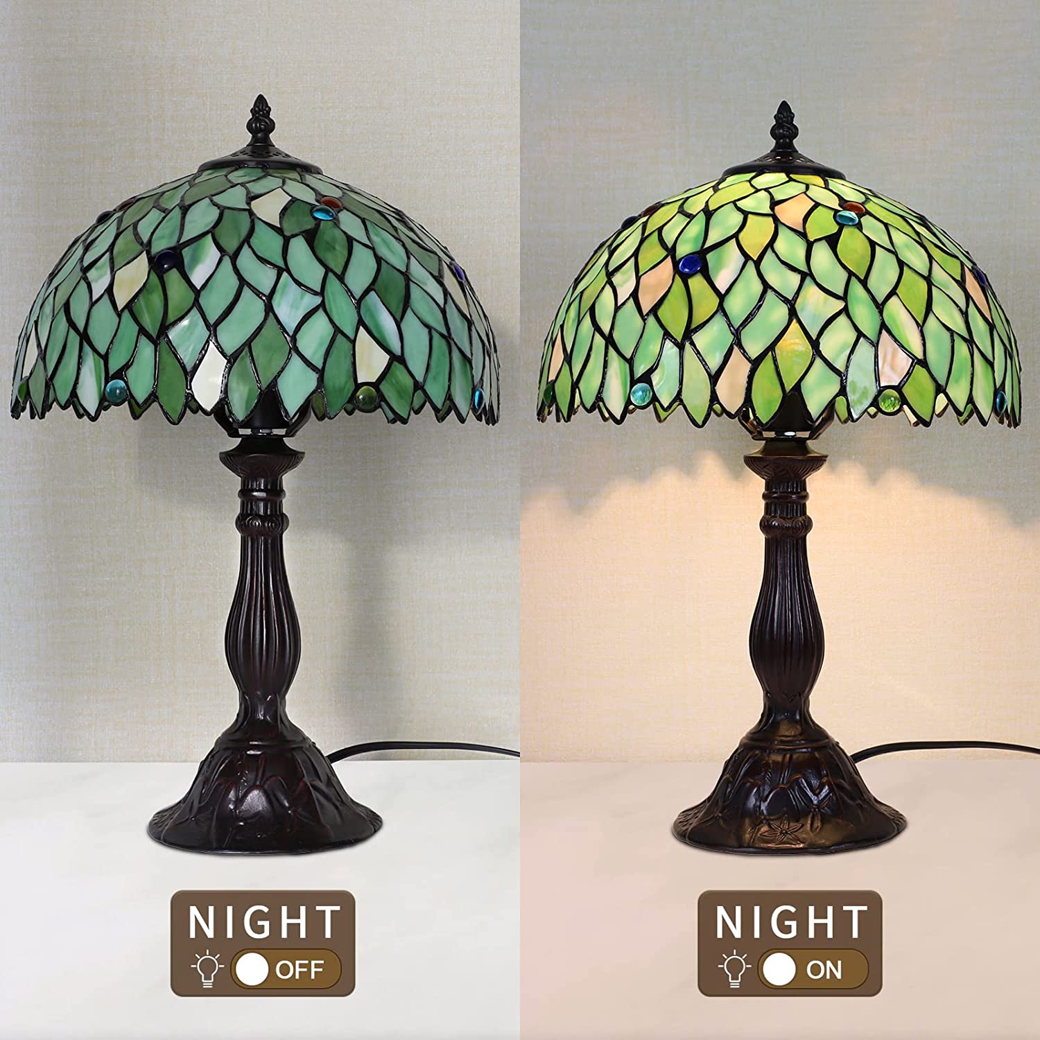 YELROL Tiffany Lamp Table Lamp Stained Glass Leaf Bedside Lamp Reading Desk Light for Bedroom Living Room Green 18\u201D Tall 1 PCS LED Bulb(2700K E26) Included Unique Gifts