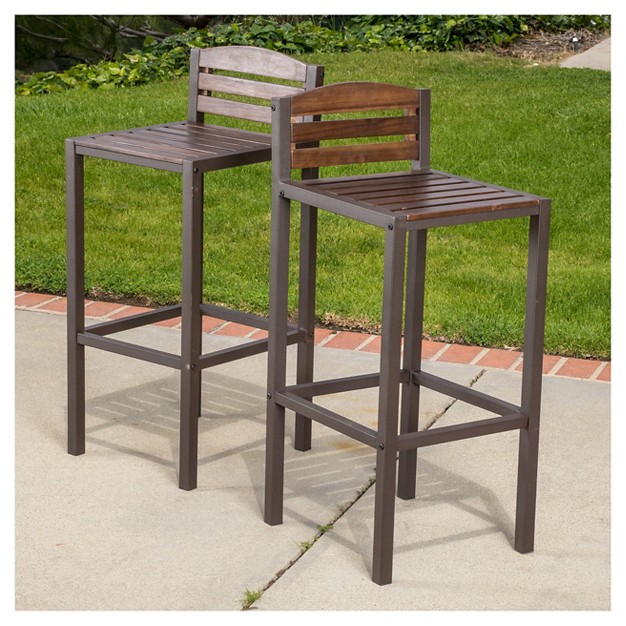 Milos Set Of 2 Acacia Barstool Dark Brown Rustic Metal Christopher Knight Home