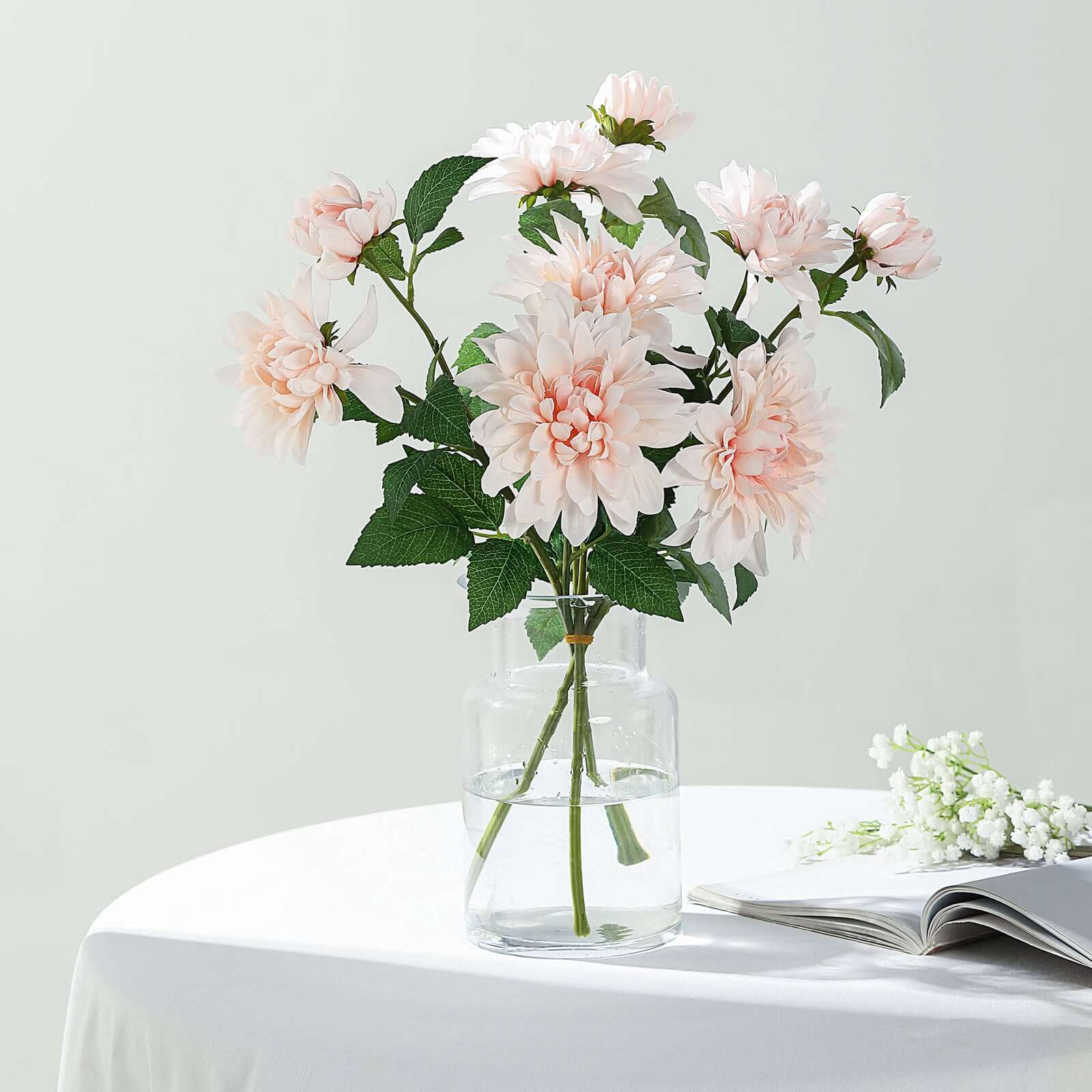 Blush Artificial Dahlia Silk Flower Stems, Faux Floral Spray 30