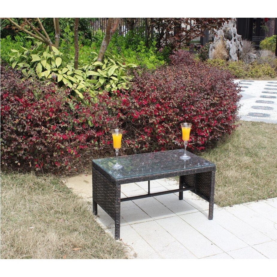 Outdoor Brown Wicker Coffee Table with Clear Tempered Glass