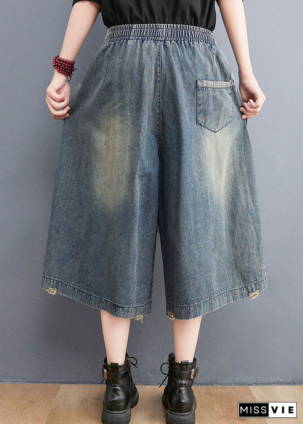 Simple Denim Blue Elastic Waist Hole Applique Cotton Straight Pants Trousers Summer