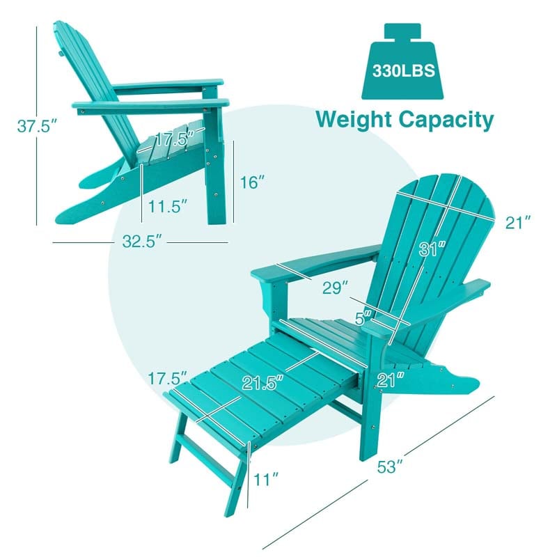 HDPE Adirondack Chair with Retractable Ottoman, Outdoor Chaise Lounge Chair for Lawn Pool Deck