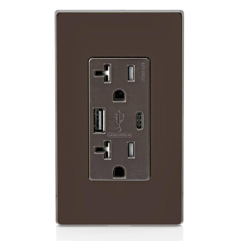 Leviton 20 Amp Type A and Type-C USB ChargerTamper Resistant Receptacle Brown T5833-B