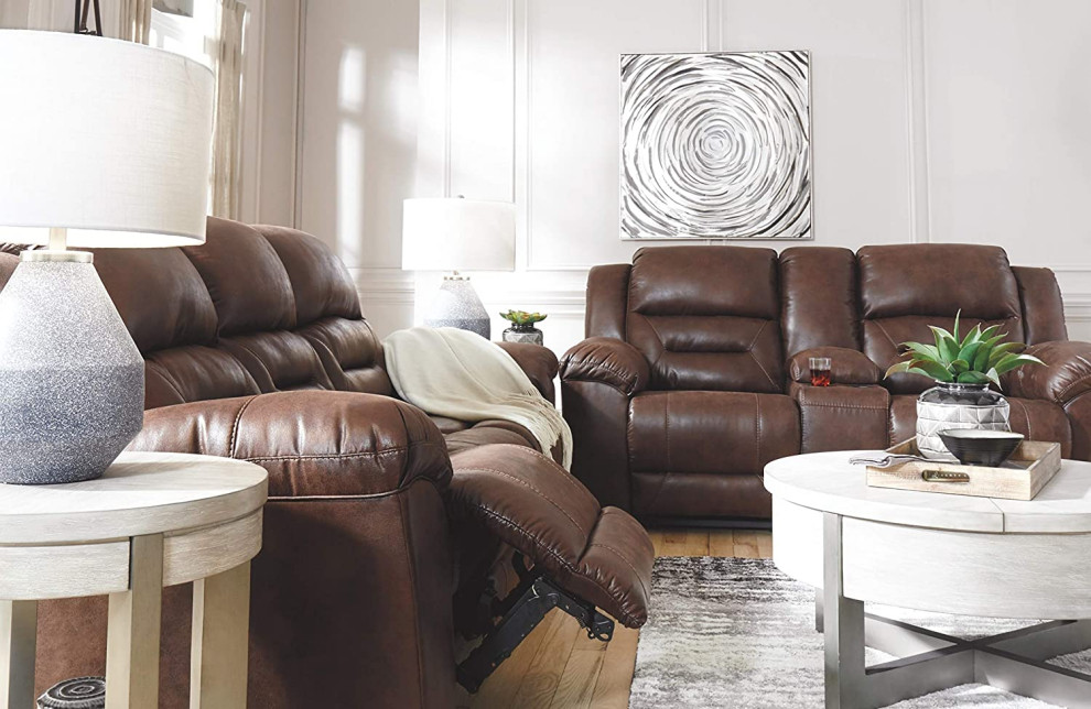 Comfortable Reclining Loveseat  Manual Design With Faux Leather Seat  Dark Brown   Contemporary   Loveseats   by Declusia  Houzz