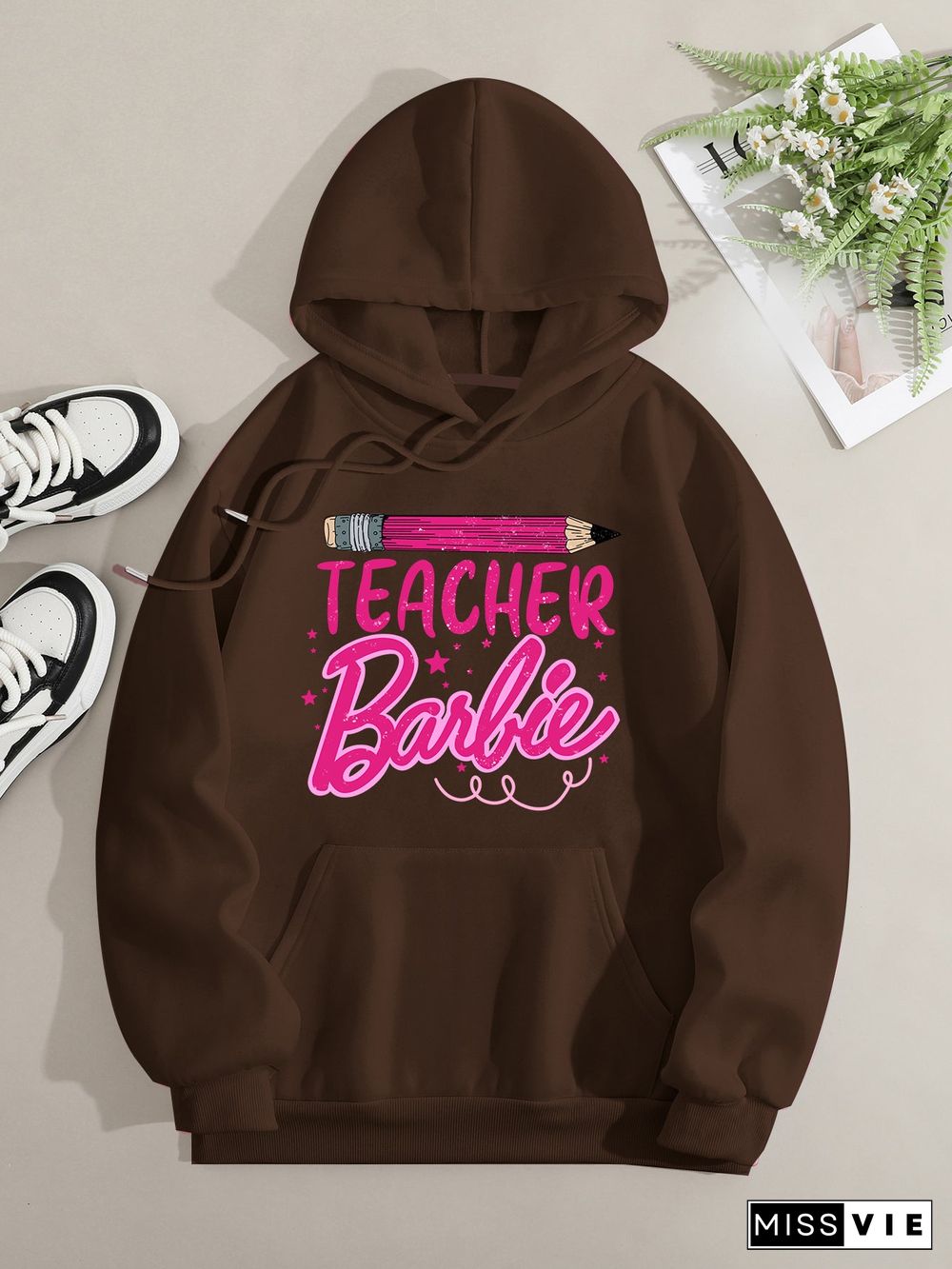 Printed on front Kangaroo Pocket Hoodie Long Sleeve for Women Pattern Teacher Barbie