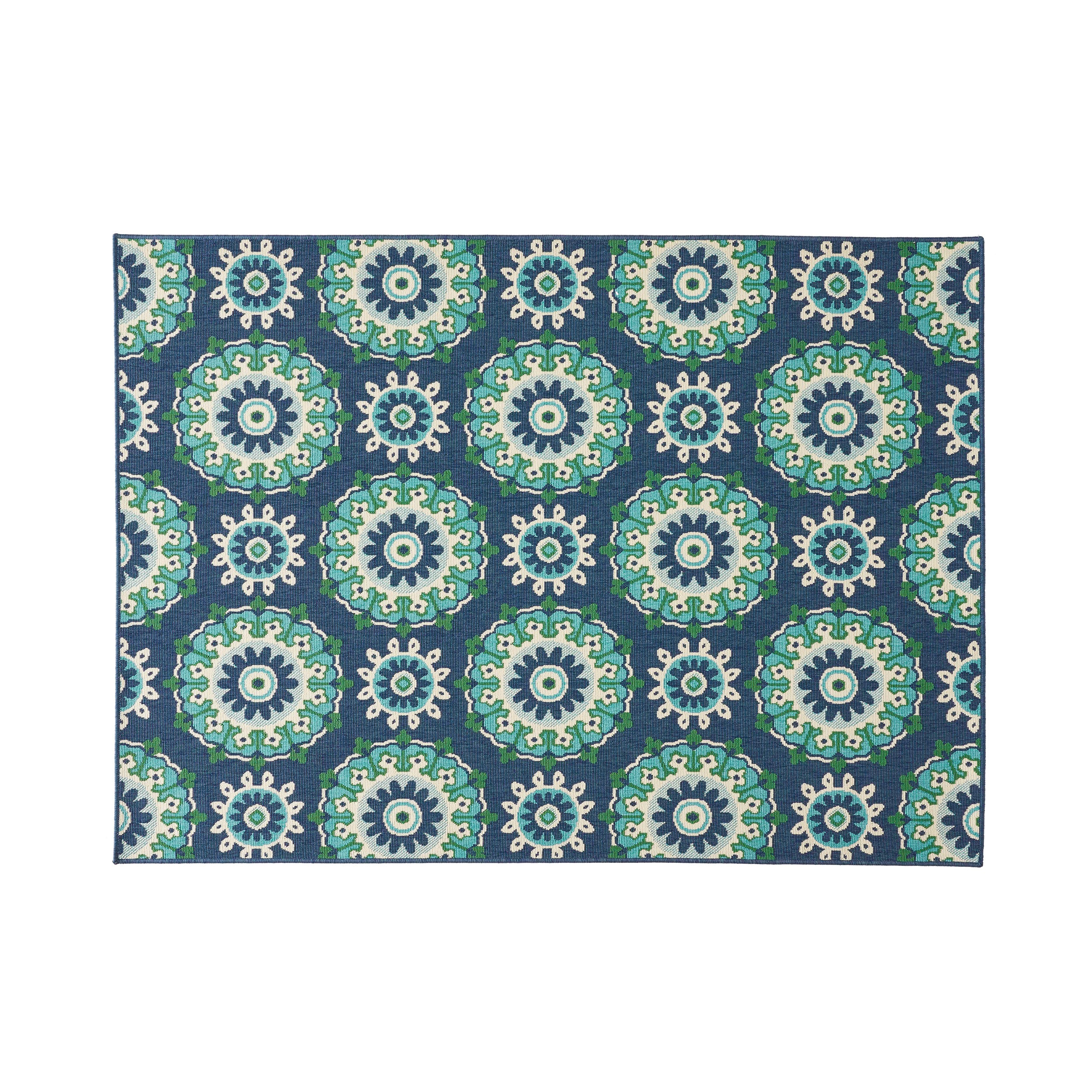 Arlene Outdoor Medallion Area Rug, Navy and Green