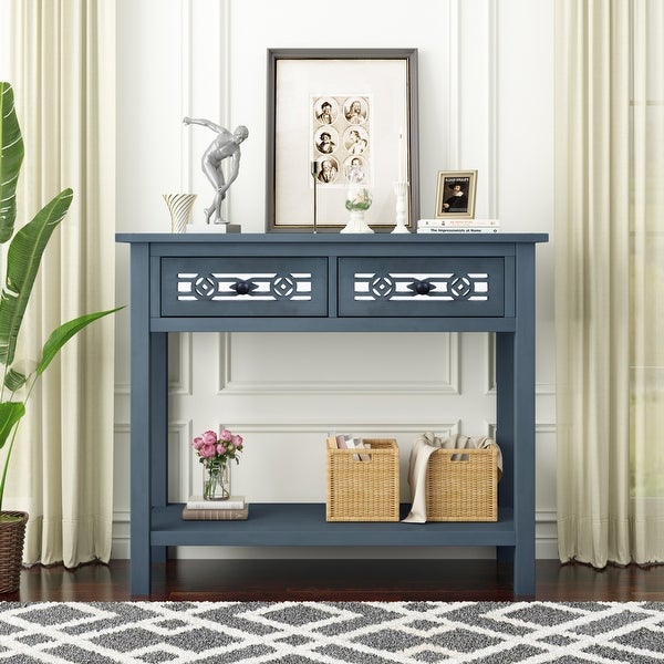 Classic Console Table with Hollow-out Decoration Two Top Drawers and Open Shelf Large Storage Space