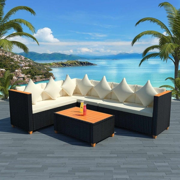 4 Piece Patio Lounge Set with Cushions Poly Rattan Black - Overstock - 36363442