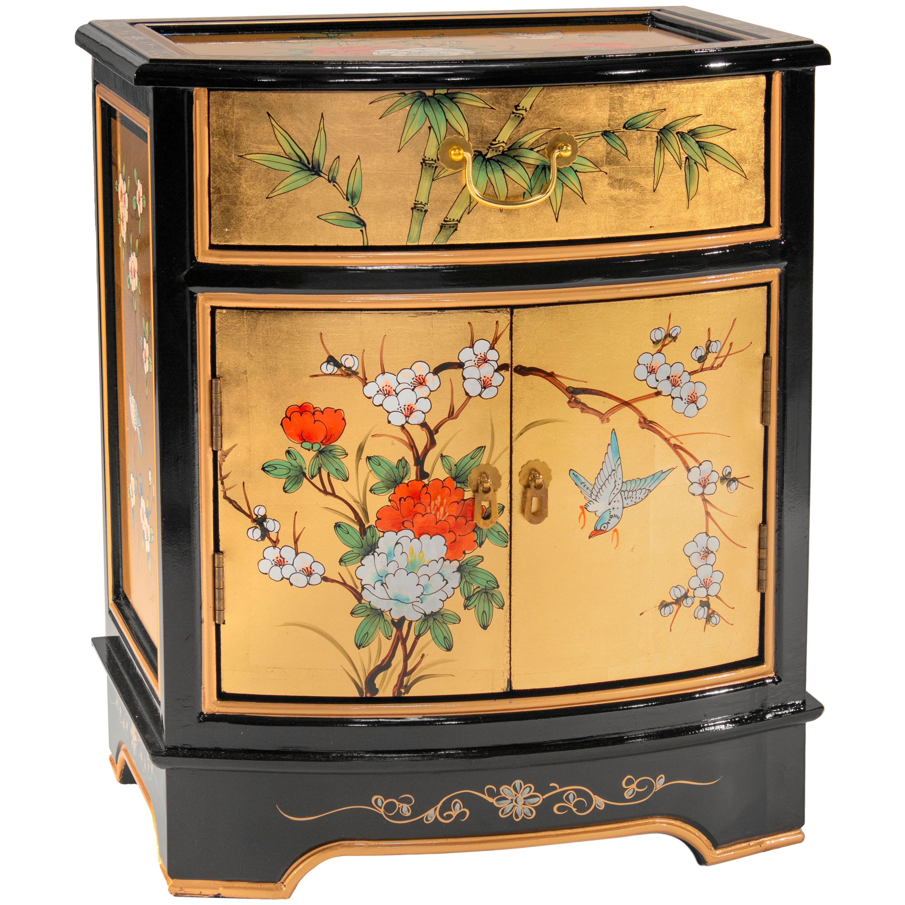 Oriental Furniture Gold Lacquer End Table - Birds and Flowers