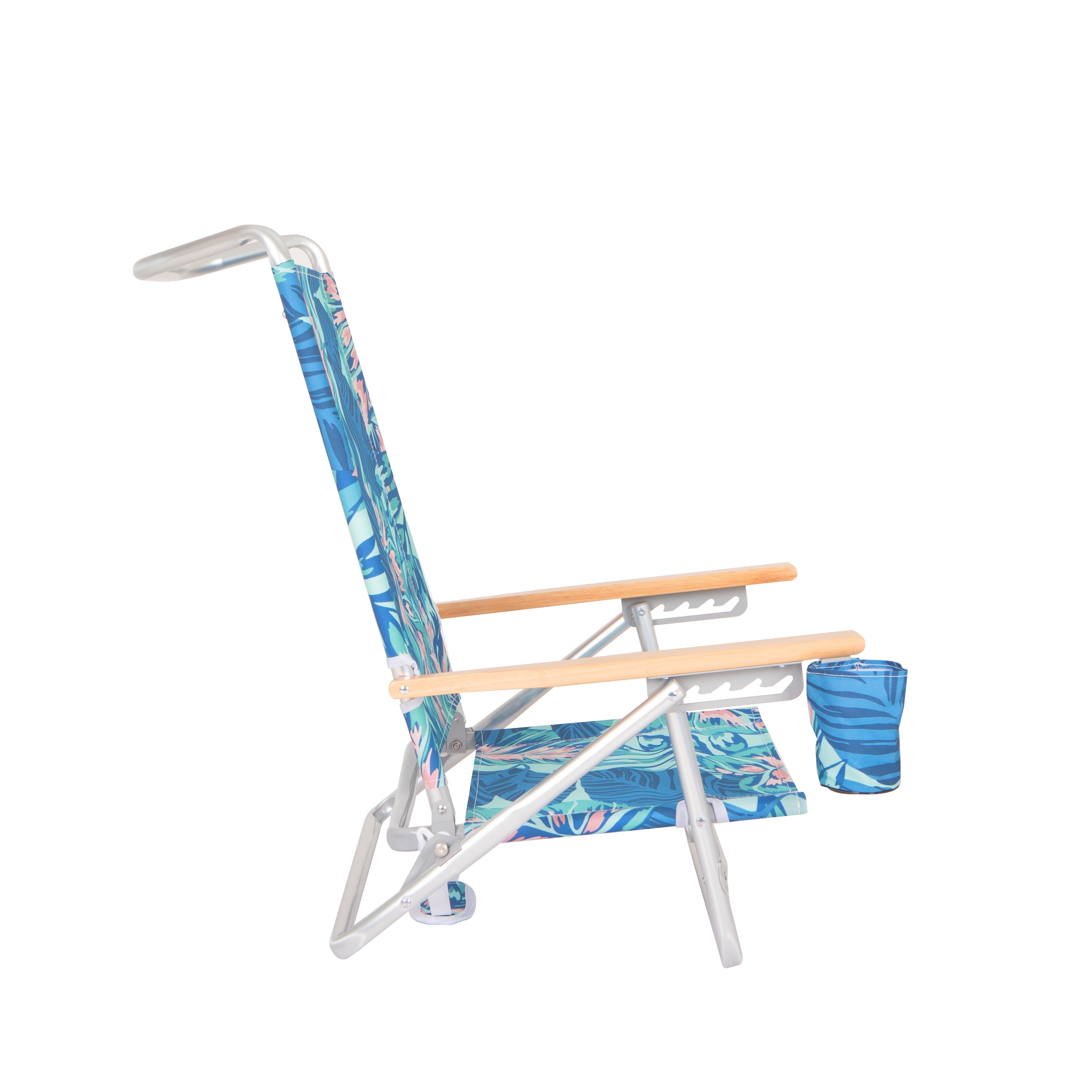 Mainstays Wood Arm Reclining Lay-Flat Beach Chair, Green Palm