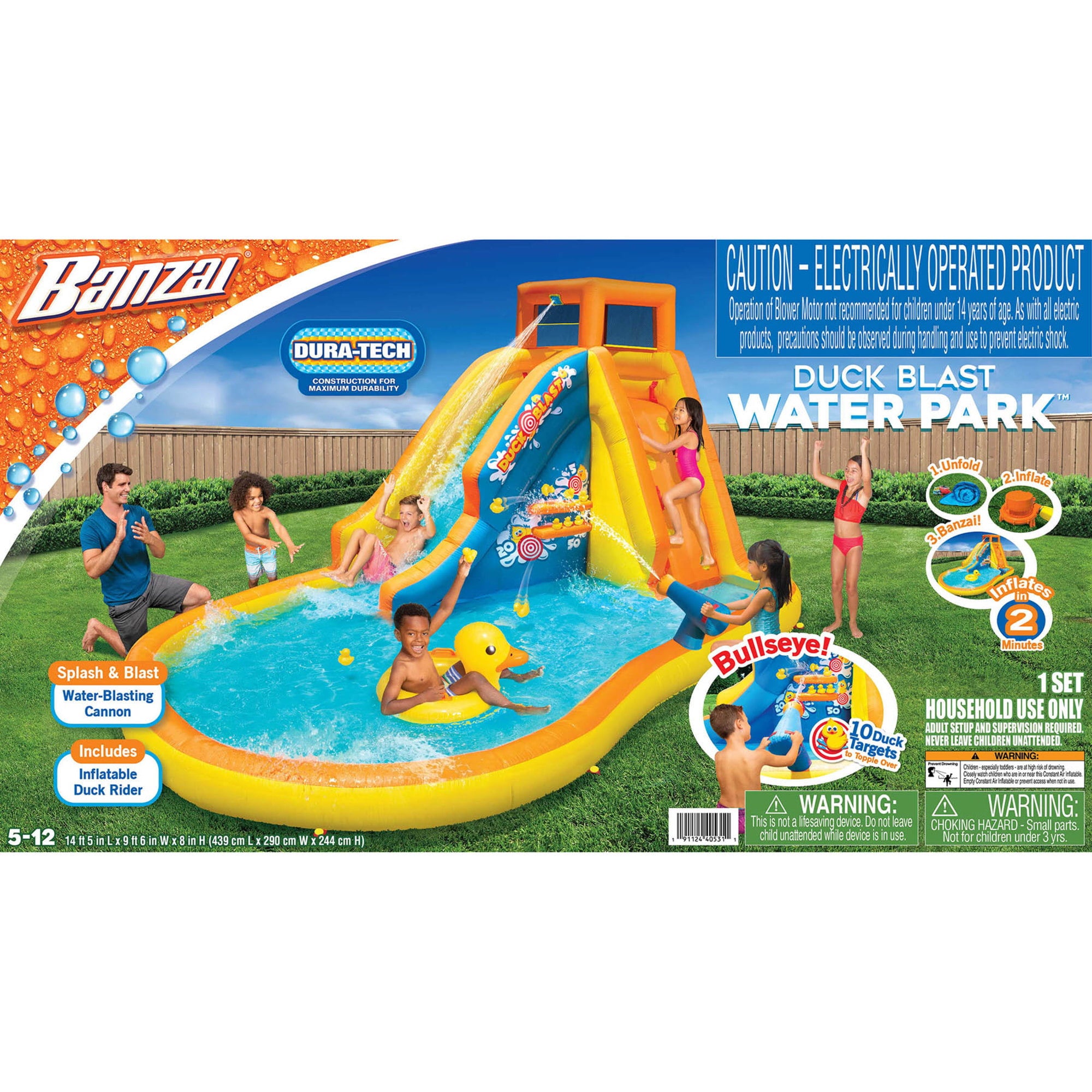 Banzai Inflatable Duck Blast Water Park - Water Blast Cannon & Inflatable Duck Rider