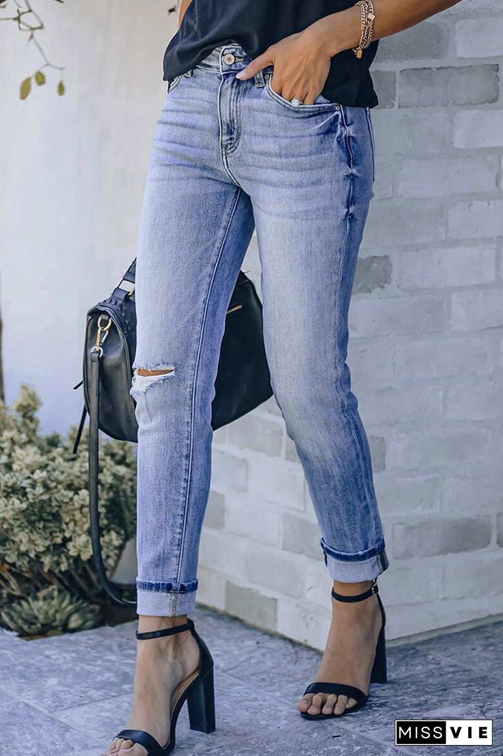 Ripped Mid Waist Jeans Wholesale