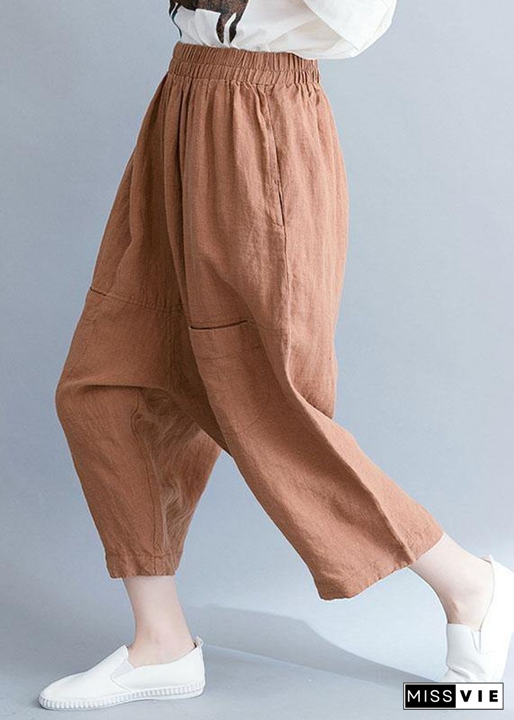 summer new khaki cotton linen pants plus size elastic waist crop pants