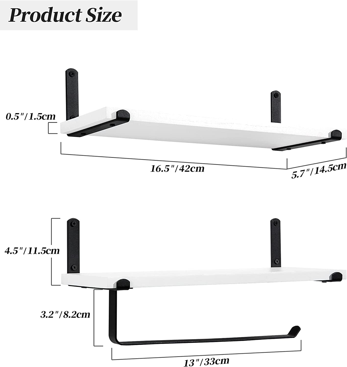 Afuly White Floating Shelves with Towel Bar, Modern Wall Mounted Shelf for Bathroom Set of 2