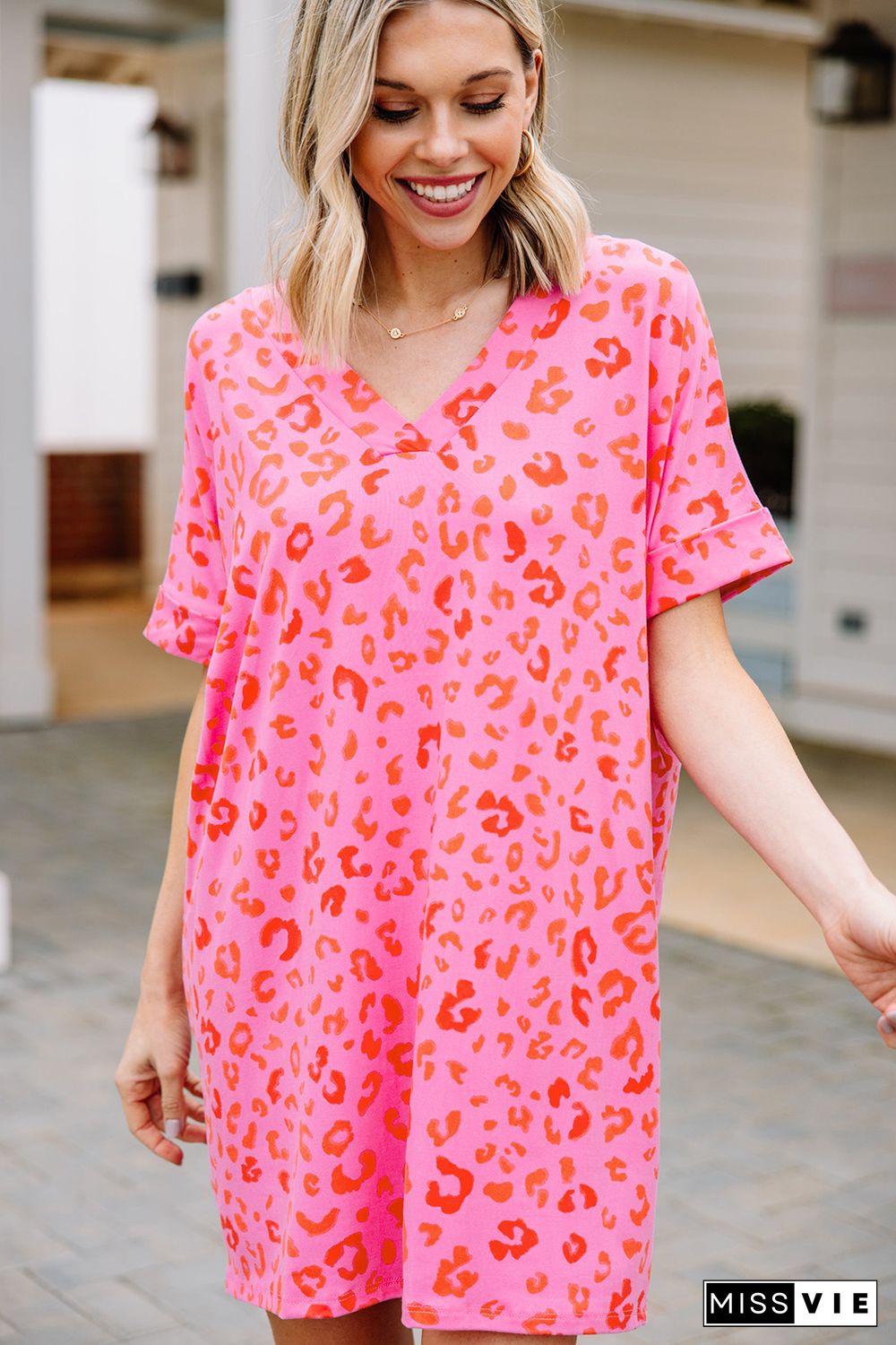 Pink Leopard Print V Neck Shift T-shirt Dress