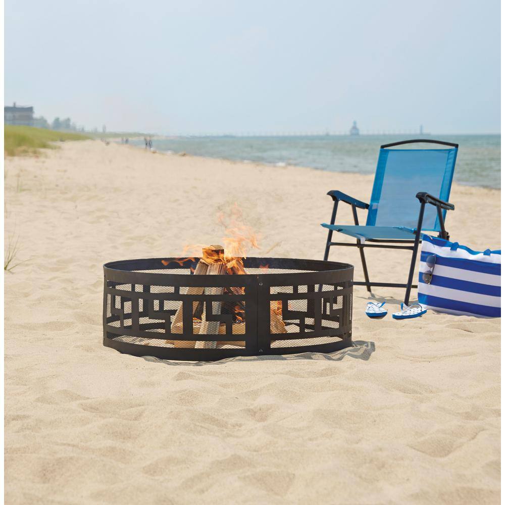 Pleasant Hearth Balboa Key 36 in. W x 12 in. H Round Steel Wood Burning Black Fire Ring OFW700FRB