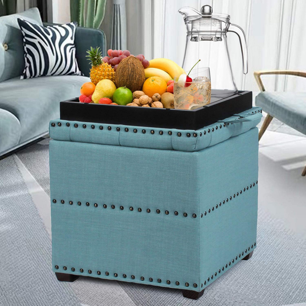 Square Fabric Ottoman with Tray   Midcentury   Footstools And Ottomans   by Imtinanz  LLC  Houzz