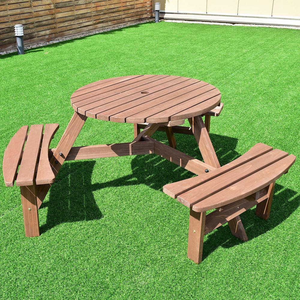 6-Person Round Wood Outdoor Picnic Table with Chair HY-OP70443