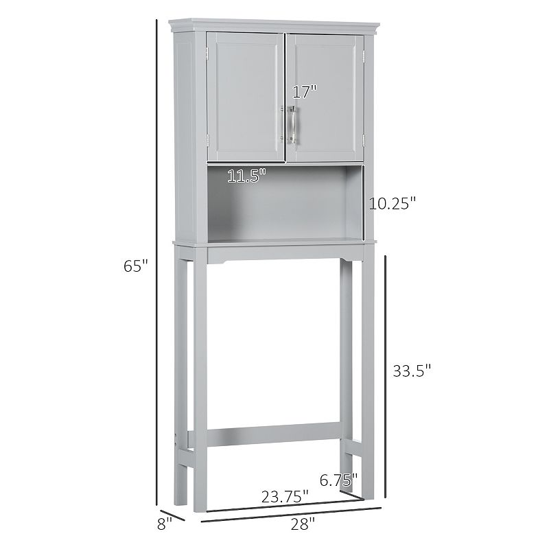 kleankin Modern Over The Toilet Storage Cabinet， Double Door Bathroom Organizer with Inner Adjustable Shelf and Open Shelf， Grey