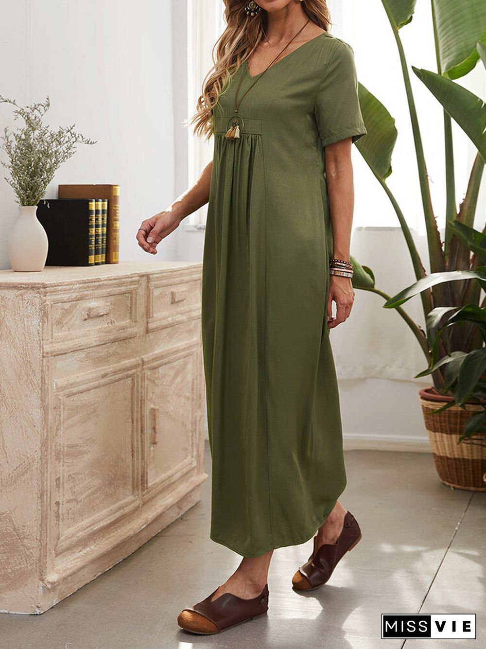 Women Solid Short Sleeve V-neck High Waist Maxi Dress