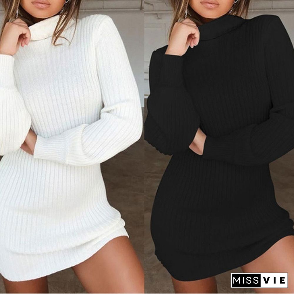 Women Autumn and Winter Long Sleeve Knitted Sweater Dress Ladies Fashion Keep Warm Knitting High Collar Slim Fit Bottoming Mini Knitting Dress