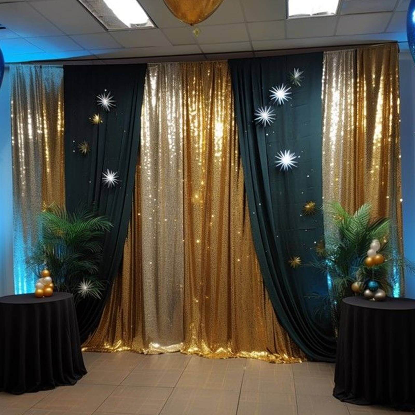 2 Pack Gold Sequin Backdrop Drape Curtains with Rod Pockets, Seamless Glitter Mesh Photo Booth Event Divider Panels - 8ftx2ft