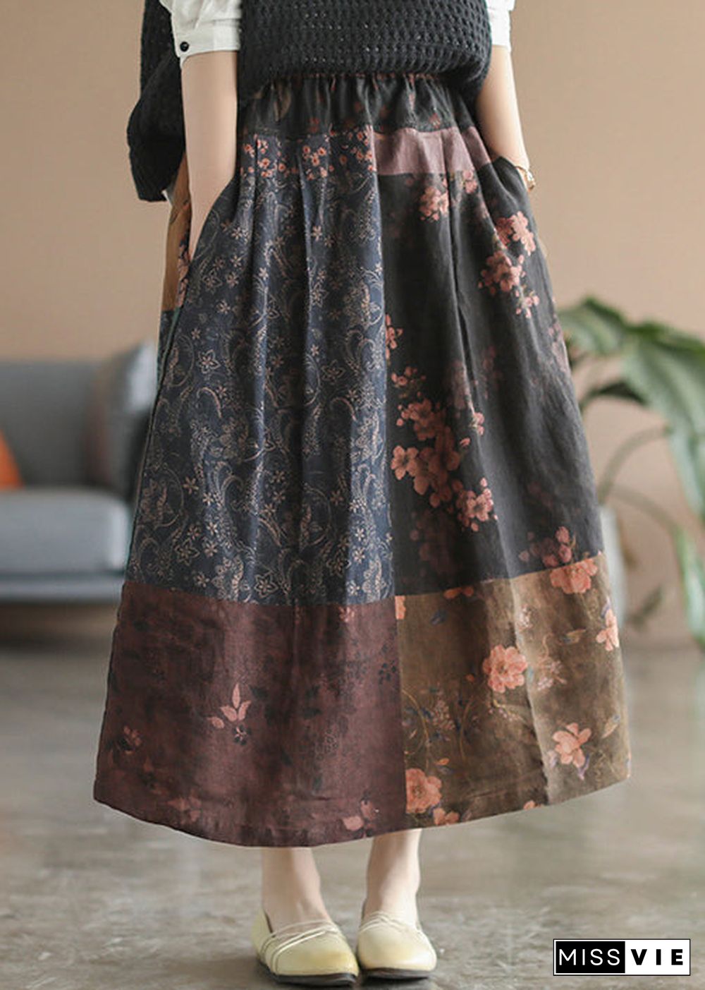 Chocolate Patchwork Linen Skirt elastic waist Spring