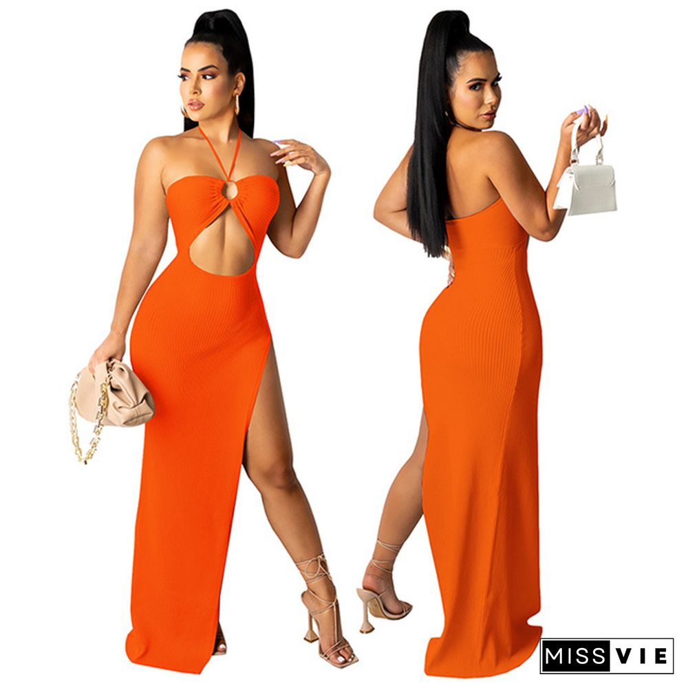 Women Sexy Solid Color Sleeveless Halter Hollow Out Asymmetrical High Splited Night Club Long Dresses