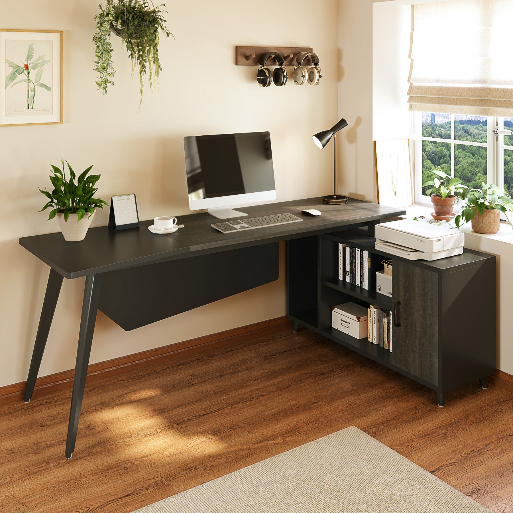 Industrial L-Shaped Desk, 78.74 Inch Executive Office Desk with File Cabinet