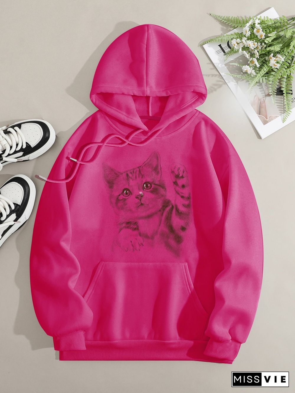 Printed on front Kangaroo Pocket Hoodie Long Sleeve for Women Pattern Cat saying hello