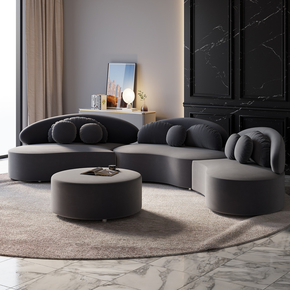 Velvet Sectional Sofa Set with Ottoman 7 Seat Curved Floor Sofa in Deep Gray   Contemporary   Sectional Sofas   by Homary International Limited  Houzz