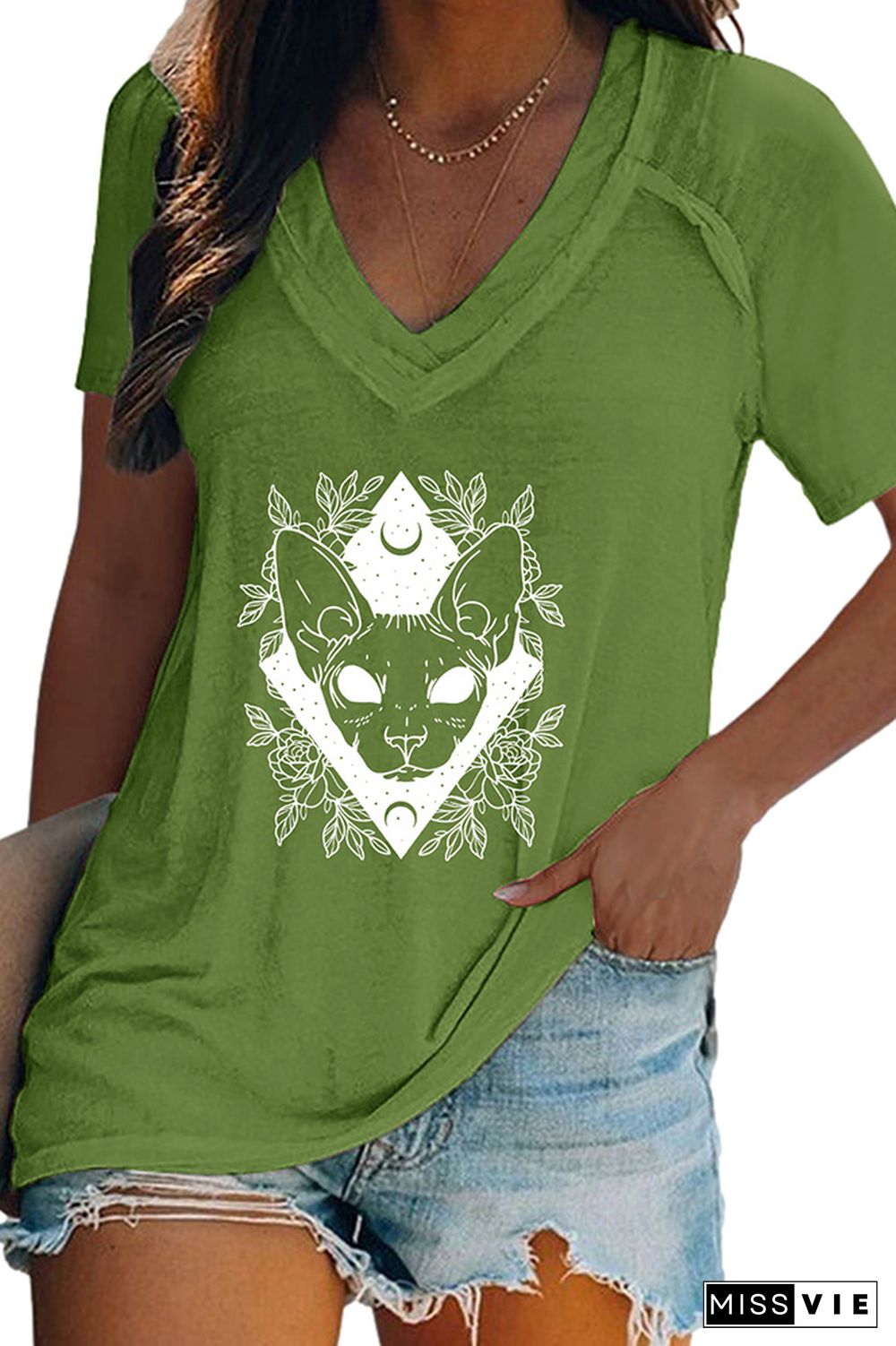 Mystic Sphynx V Neck Graphic Tee