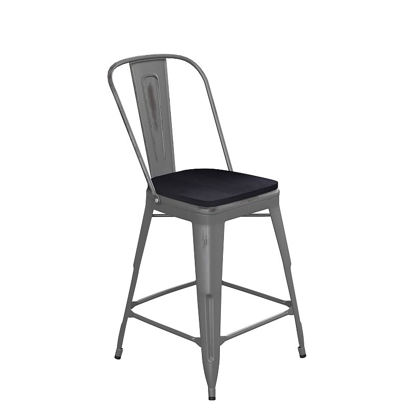 Emma and Oliver Grant Clear Coated Metal Stool with Backrest and Polyresin Seat for Indoor Use Only