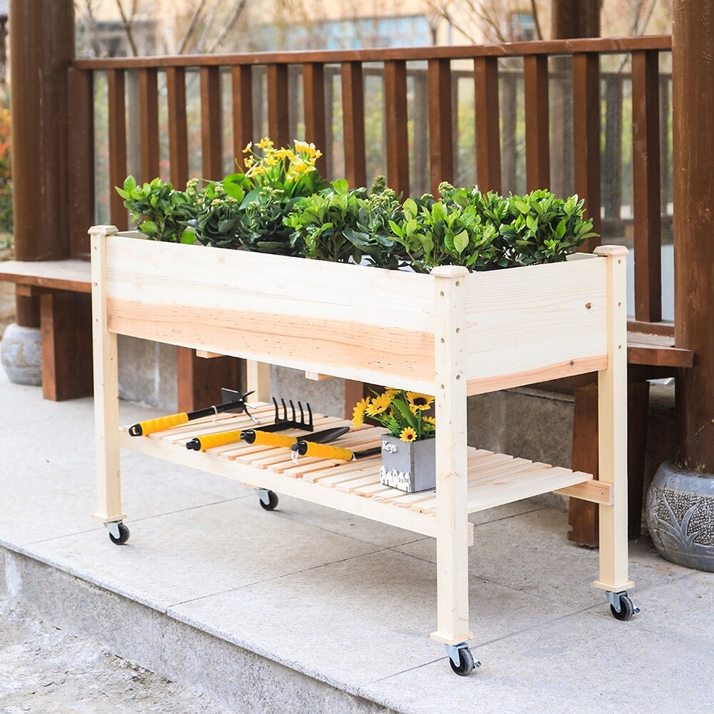 48 in x 32 in x 23 in Wooden Elevated Planter with Shelf and Wheel   48x32x23