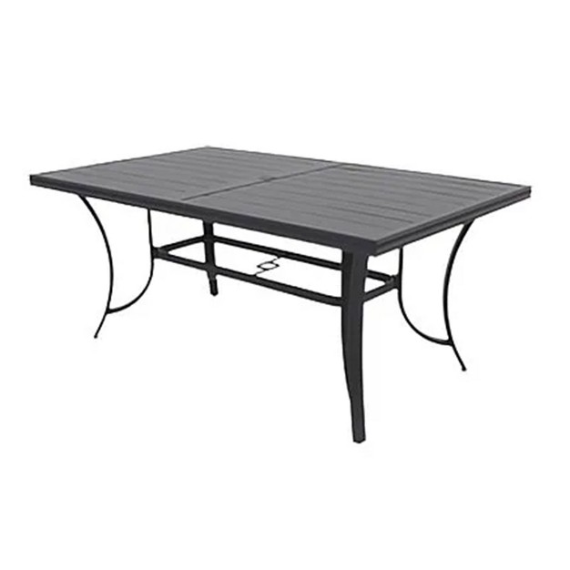 Four Seasons Courtyard Palermo Slat Top Table With Aluminum And Powder Coated Frame And Umbrella Hole For Outdoor Dining Tables Gray