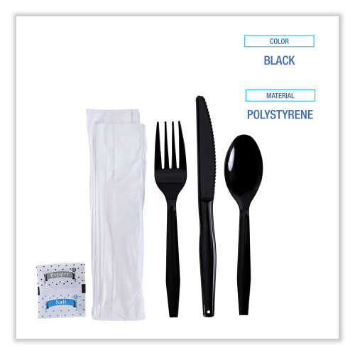 Boardwalk Six-Piece Cutlery Kit， Condiment/Fork/Knife/Napkin/Teaspoon， Black， 250/Carton (FKTNSMWPSBLA)