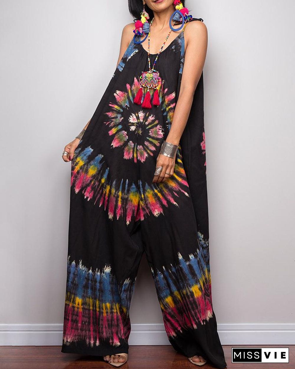 Tie-Dye Print Wide-Leg Lace-Up Loose Jumpsuit P15993