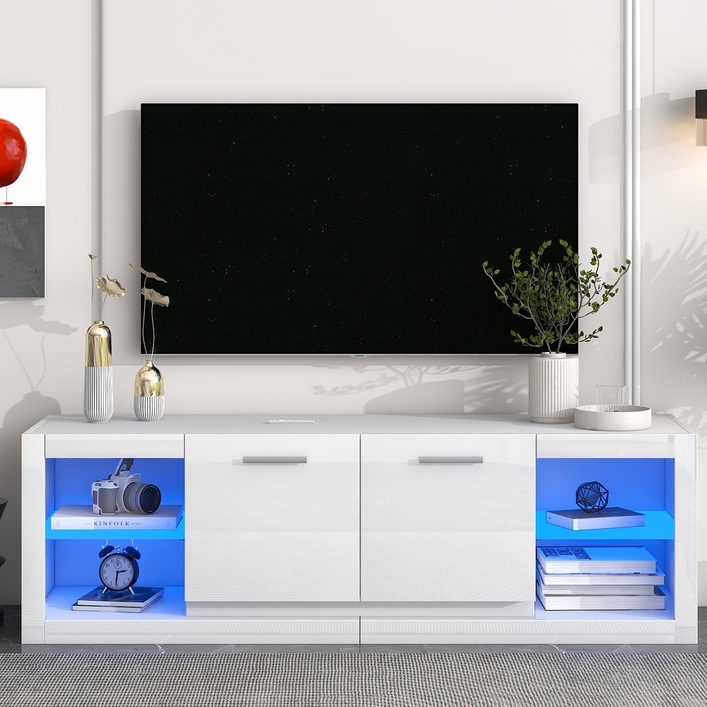 High Gloss TV Stand TV Cabinet with 2 Tempered Glass Shelves and LED Lights Modern Entertainment Center for TVs Up to 70\