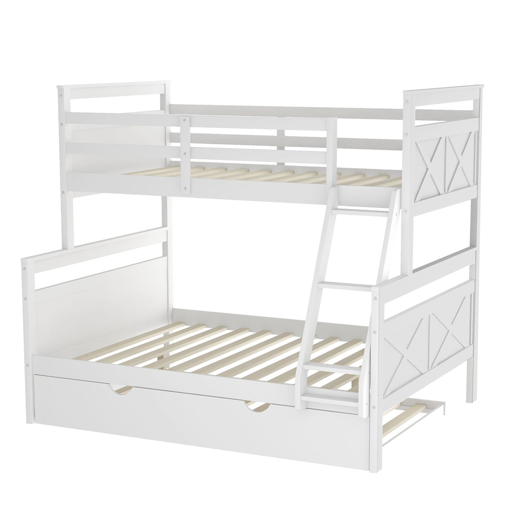 Twin Over Full Bunk Bed, Solid Wood Bed Frame with Trundle, Ladder and Safety Guardrail for Kids Guest Room Bed (White)