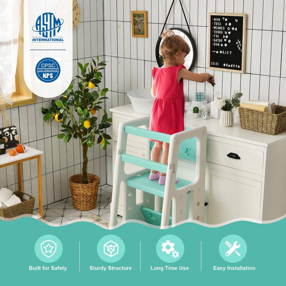 Costway Kids Kitchen Step Stool with Double Safety Rails Toddler Learning Stool Green HY10011GN