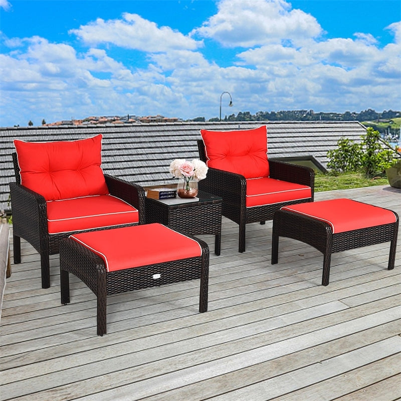 5 Pcs Rattan Patio Conversation Sets with Ottomans & Coffee Table, Wicker Outdoor Bistro Set