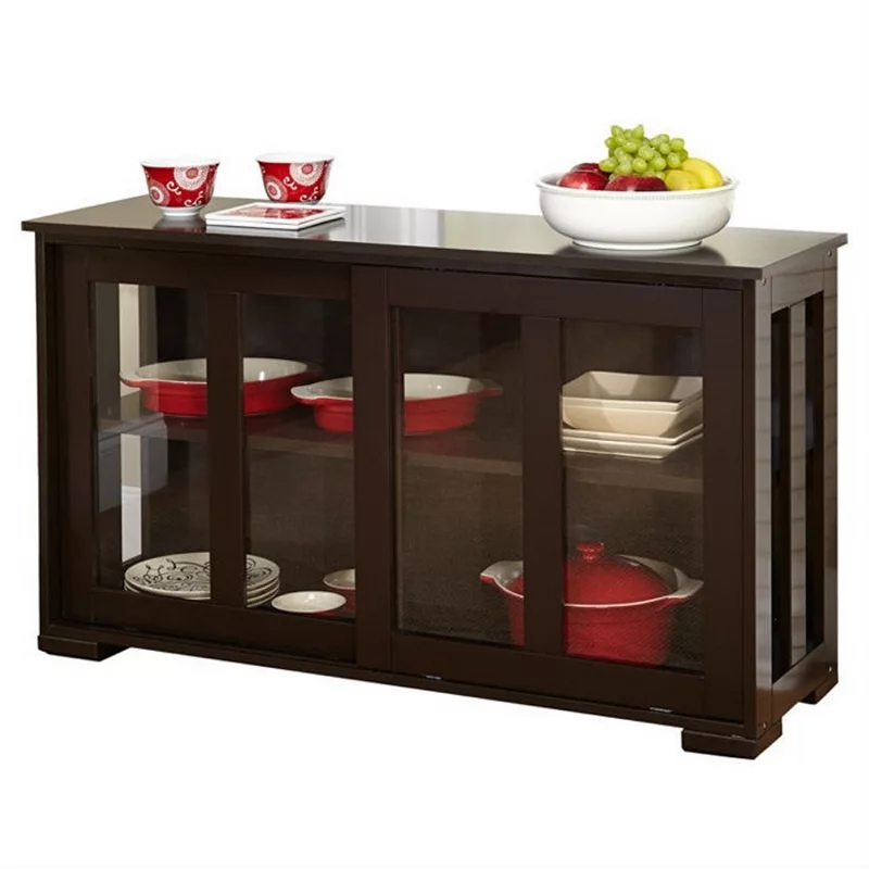 Espresso Sideboard Buffet Dining Kitchen Cabinet With 2 Glass Sliding Doors