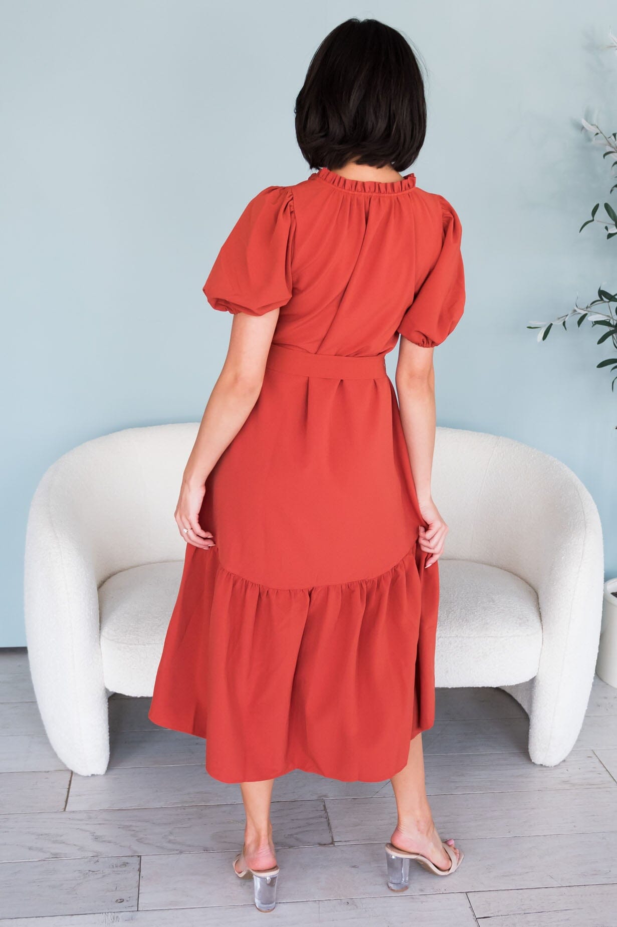 Alaska V-neck Puff Sleeve Spring Dress-Persimmon Red