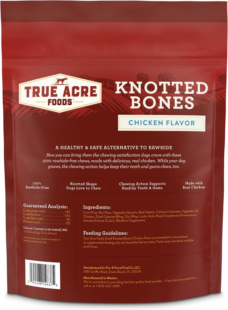 True Acre Foods Rawhide-Free Knotted Bones Chicken Flavor Treats， Mini， 24 count