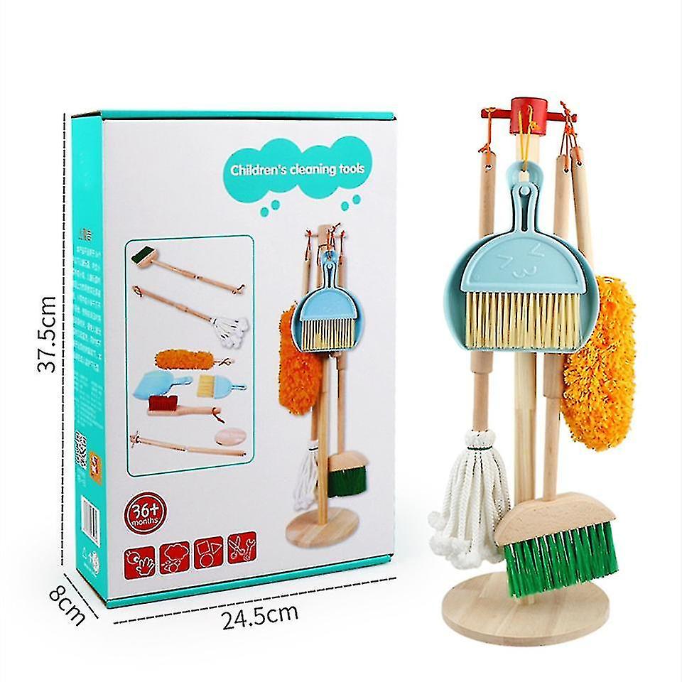 Wooden Detachable Toy Cleaning Set， Kids Cleaning Toys 6 Piece - Hanging Stand Play Kitchen Cleaning