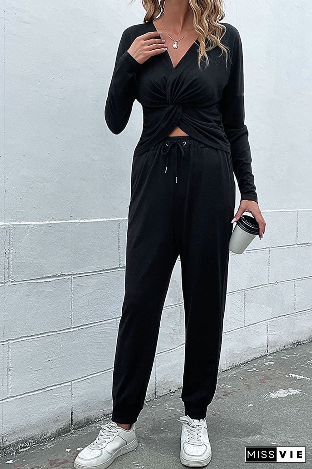 Black V Neck Twisted Crop Top 2pcs Pant Set