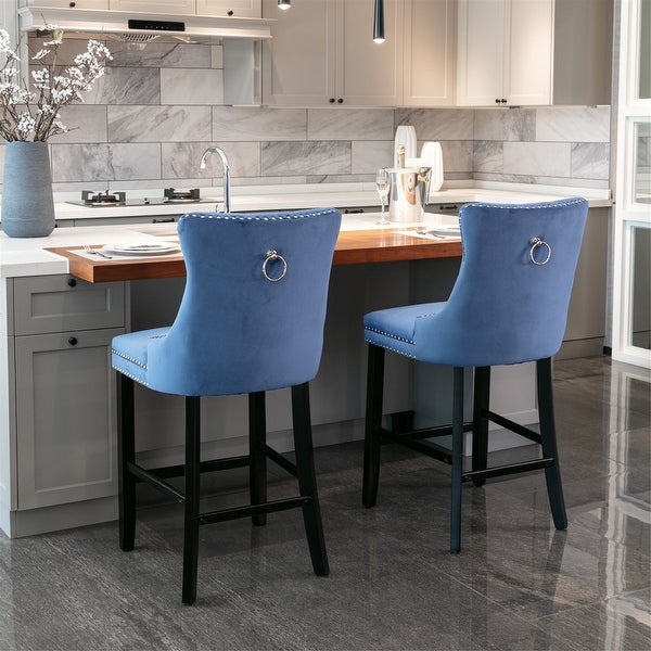 Velvet Upholstered Barstools with Button Tufted Decoration and Wooden Legs