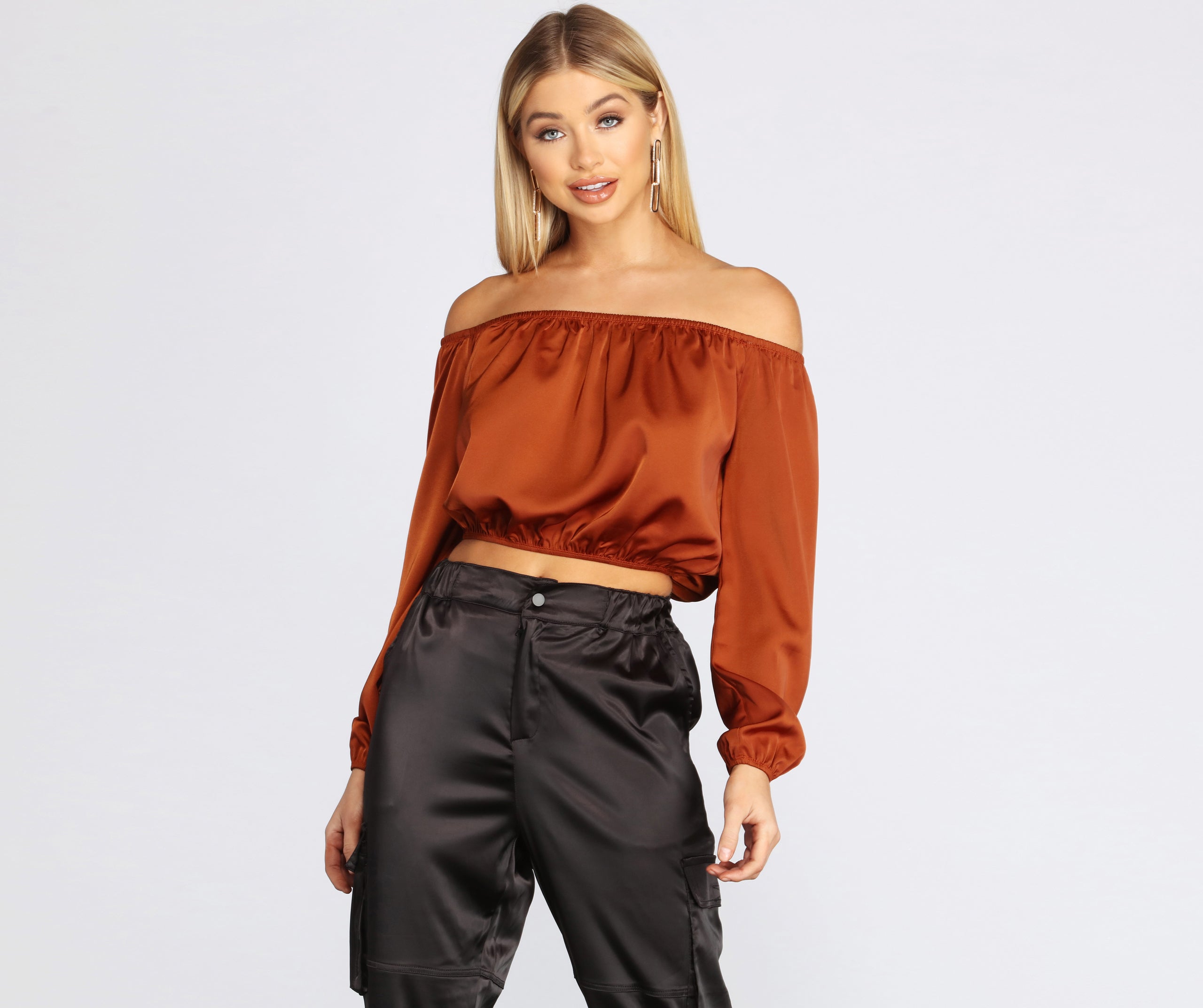 She's A Romantic Satin Off-Shoulder Blouse